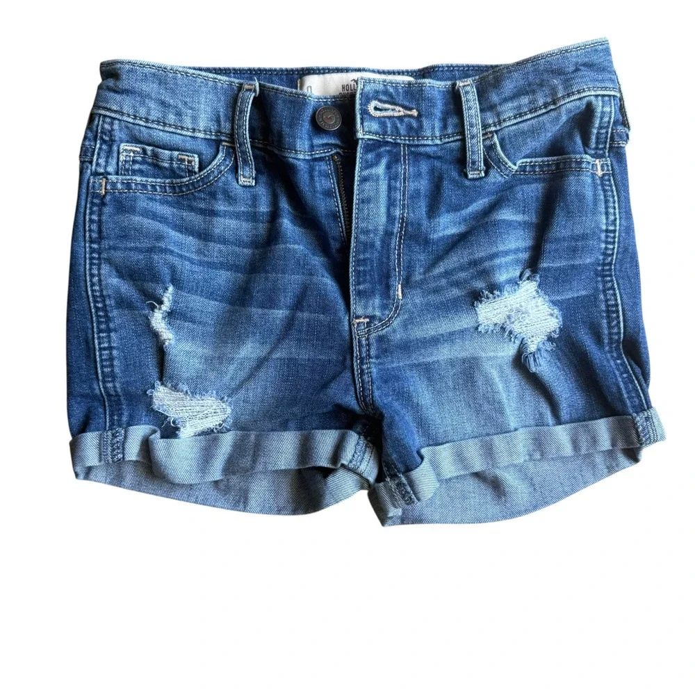 Hollister High Rise Denim Shorts Womens 0 Blue Distressed Rolled Cuff
